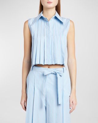 Stripe Pleated Collared Crop Blouse