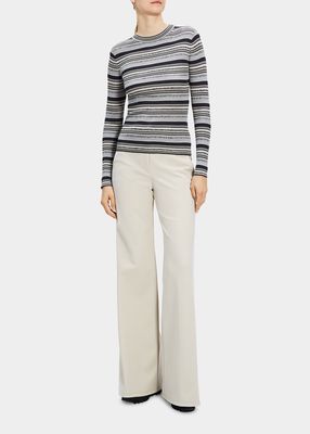 Stripe Rib-Knit Washable Silk Pullover