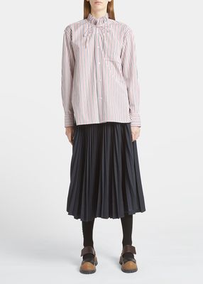 Stripe Ruffle-Neck Button-Down Shirt