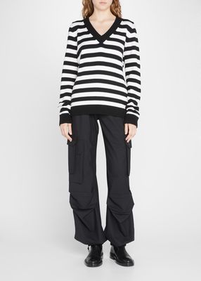 Stripe Twisted Open-Back Leather Belted Wool Sweater