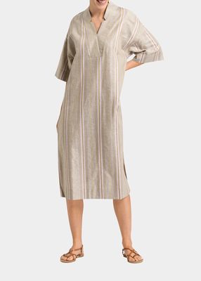 Striped 3/4-Sleeve Linen Nightgown