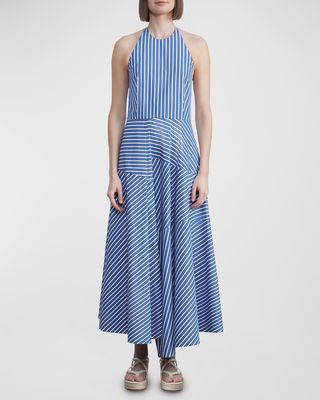 Striped Asymmetric Halter Maxi Dress