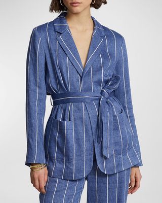 Striped Belted Linen-Cotton Blazer