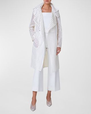 Striped Belted Trench Coat With Removable Hood