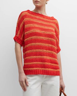 Striped Boat-Neck Short-Sleeve Linen Sweater