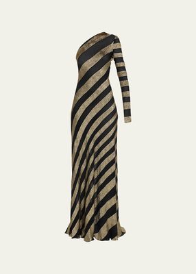 Striped Chiffon One-Shoulder Gown