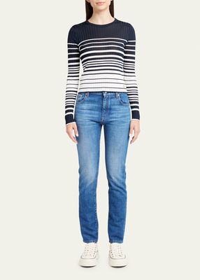Striped Crewneck Fitted Rib Knit Top