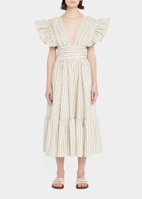 Striped Deep V-Neck Ruffle Midi Dress