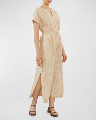 Striped Dolman-Sleeve Linen Midi Dress