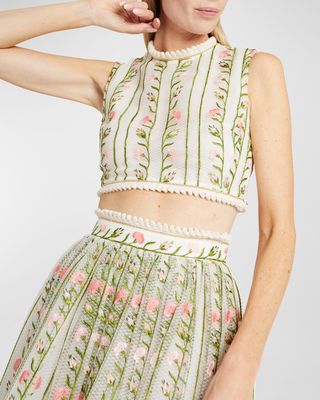 Striped Floral Embroidered Mesh Sleeveless Crop Top