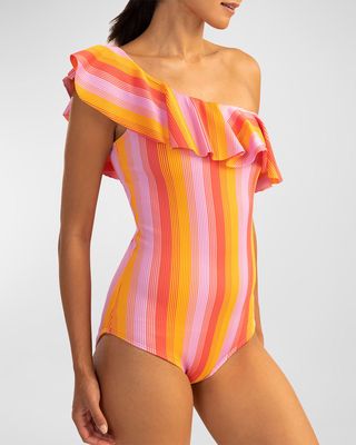 Striped One-Shoulder Ruffle One-Piece Swimsuit