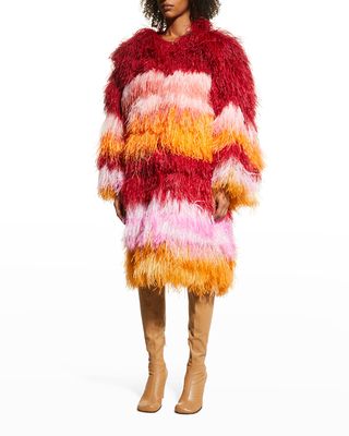 Striped Ostrich Feather Long Coat