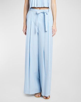 Striped Pleated Wide-Leg Belted Trousers