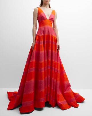 Striped Plunging Ball Gown