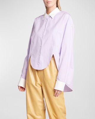Striped Poplin Button-Front Shirt with Scalloped Hem
