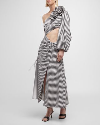 Striped Rosette One-Shoulder Cutout Midi Dress