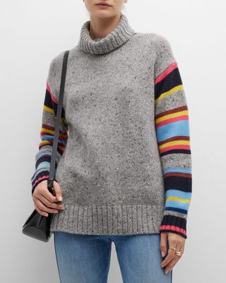Striped-Sleeve Turtleneck Boyfriend Sweater