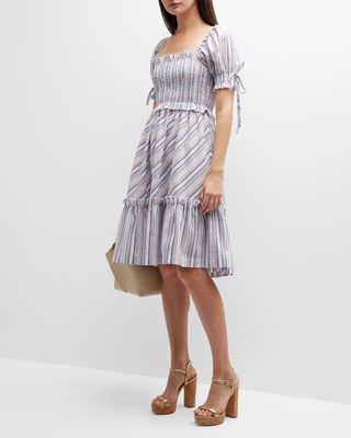 Striped Smocked Bodice Puff-Sleeve Dress