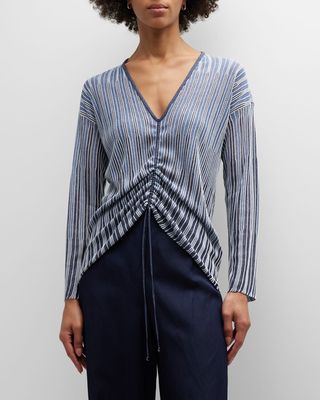Striped Tie-Front Long-Sleeve Knit Top