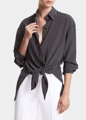 Striped Tie-Front Silk Shirt