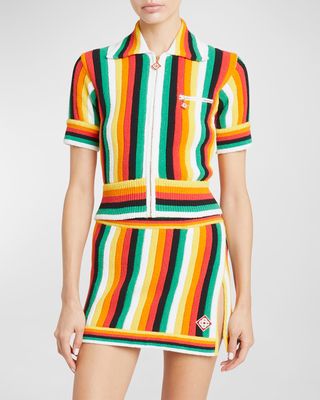 Striped Towelling Short-Sleeve Zip-Front Top