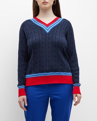 Striped-Trim Cable-Knit Sweater
