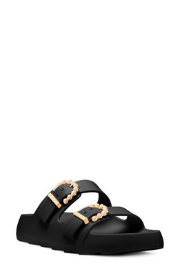 Stuart Weitzman Imitation Pearl Buckle Slide Sandal in Black