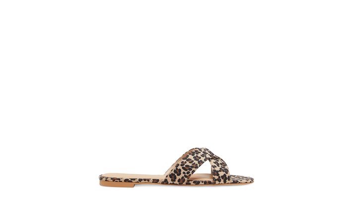 Stuart Weitzman Roza Flat Slide The SW Outlet, Golden Beige Spotted Cheetah Suede