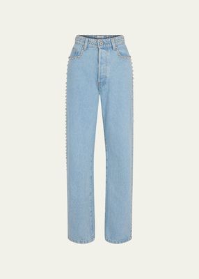 Stud-Embellished High Waist Denim Jeans