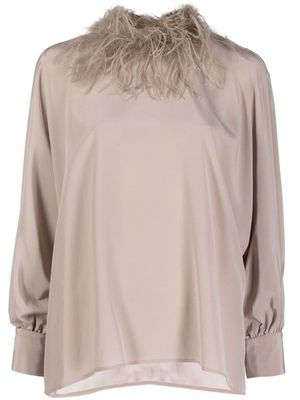 STYLAND feather-trim long-sleeved blouse - Grey