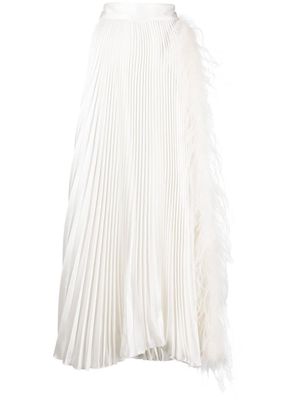 Styland feather-trimmed pleated maxi skirt - White