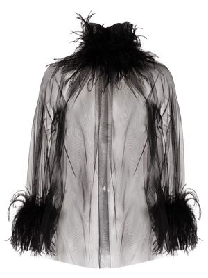 Styland feather-trimmed sheer blouse - Black