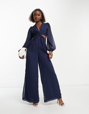 Style Cheat balloon sleeve cut-out jumpsuit in navy