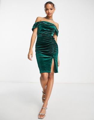 Style Cheat bardot ruched velvet mini dress in emerald green