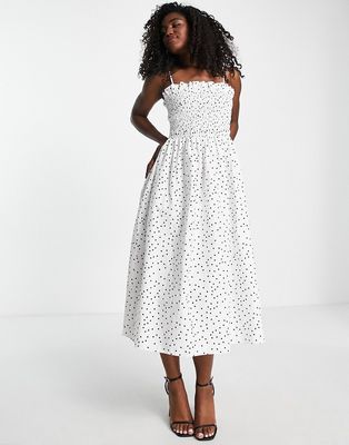 Style Cheat cotton shirred bandeau midi dress in white polka dot