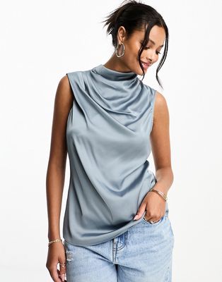 Style Cheat drape satin top in slate blue - part of a set