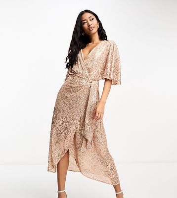Style Cheat Exclusive angel sleeve sequin dress in champagne-Gold