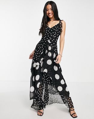 Style Cheat high low maxi dress in mixed scale polka dot-Black
