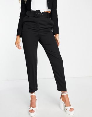 Style Cheat high waisted tailored pants with buckle in black