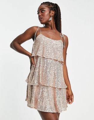 Style Cheat tiered sequin mini dress in champagne-White