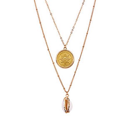 Sun Coin With Gold-Plated Cowrie Shell Double C hain Necklace