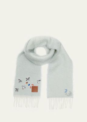 Suna Penguin Embroidered Mohair-Blend Scarf