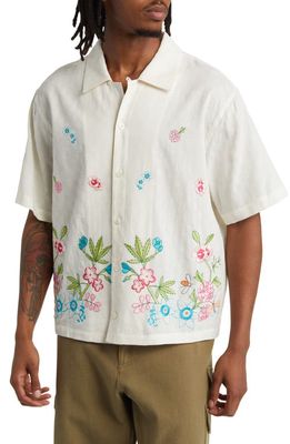 SUNDAE SCHOOL Embroidered Floral Linen & Cotton Camp Shirt in Ivory