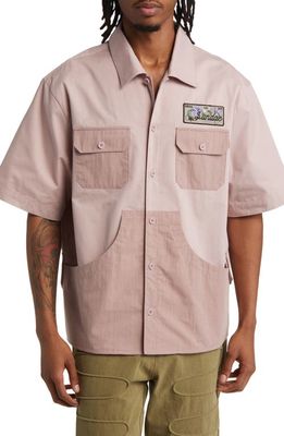 SUNDAE SCHOOL Patch Short Sleeve Cotton Utility Button-Up Shirt in Pink