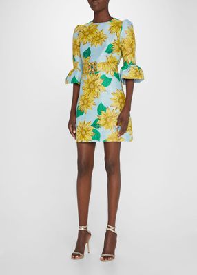 Sunflower Brocade Mini Dress with Jewel-Embellished Belt