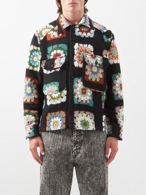 Sunflower - Flap-pocket Floral-jacquard Shirt - Mens - Black Multi