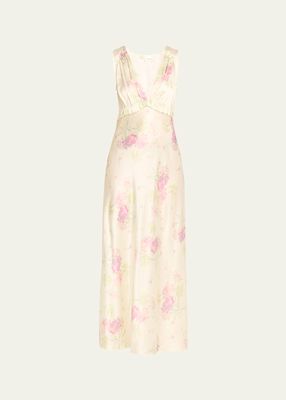 Suniva Sleeveless Floral Silk V-Neck Midi Dress