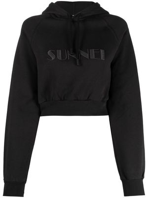 Sunnei cropped logo-print cotton hoodie - Black