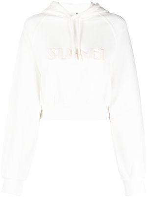 Sunnei cropped logo-print cotton hoodie - White