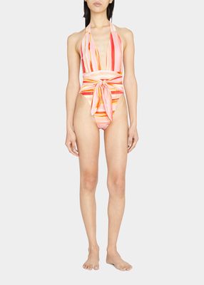 Sunset Stripe Halter One-Piece Swimsuit